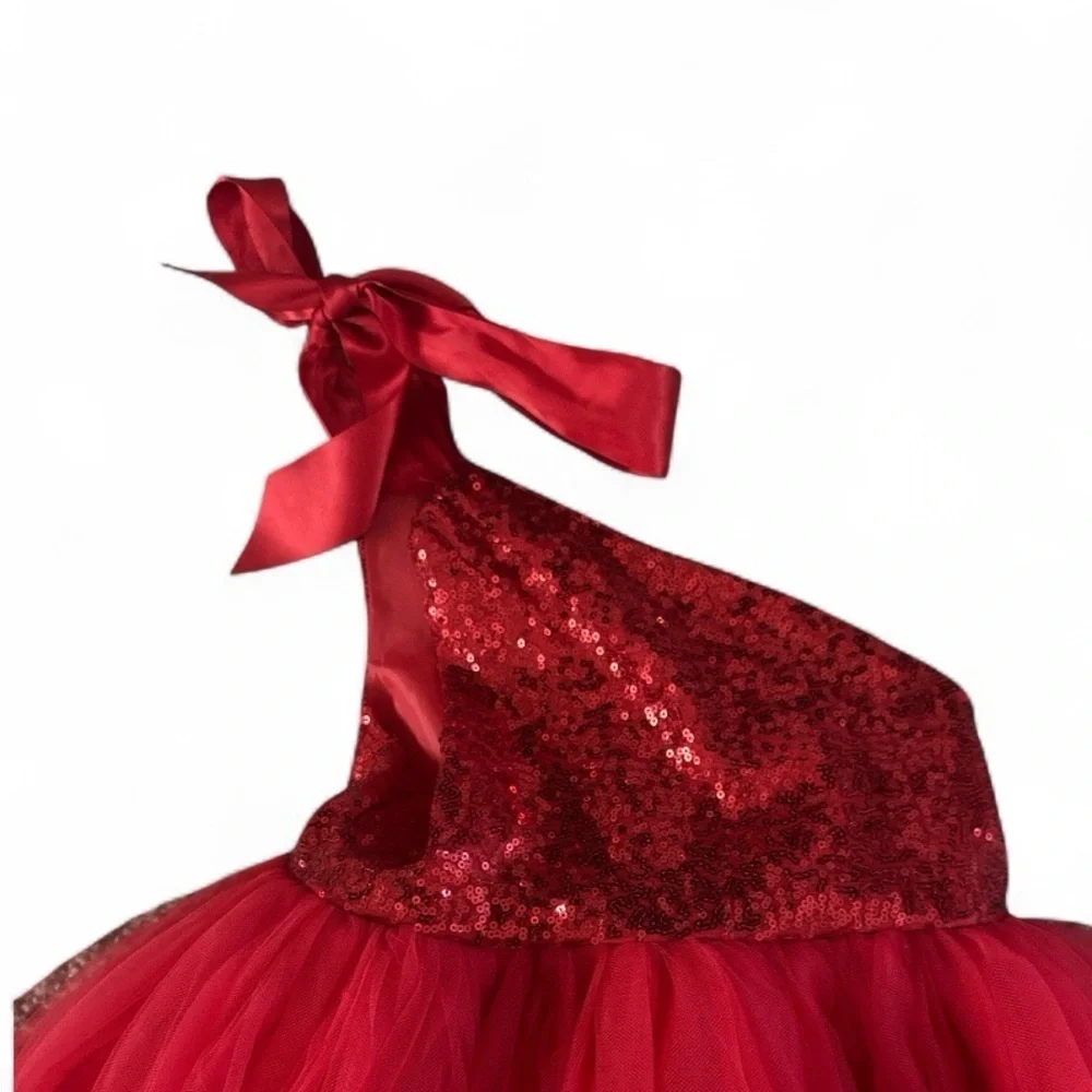 Little Girls Size 4  Red Sequin One-Shoulder Tulle Dress Valentines Day B-Day